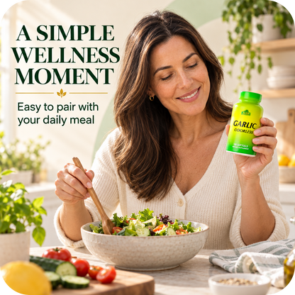 Woman holding Alfa Garlic Odorless in a natural kitchen routine.