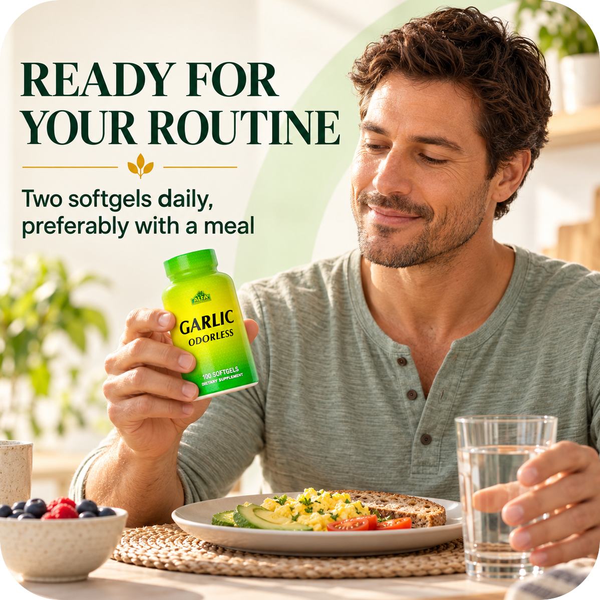 Woman with Alfa Garlic Odorless during a natural breakfast routine.