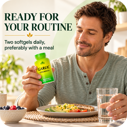 Woman with Alfa Garlic Odorless during a natural breakfast routine.