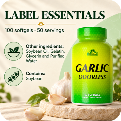 Garlic Odorless verified label essentials and allergen information.