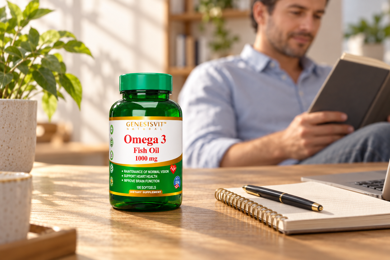 Closed Genesisvit Omega 3 Fish Oil bottle beside an adult notebook.