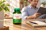 Closed Genesisvit Omega 3 Fish Oil bottle beside an adult notebook.