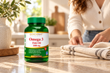 Closed Genesisvit Omega 3 Fish Oil bottle on a kitchen counter.