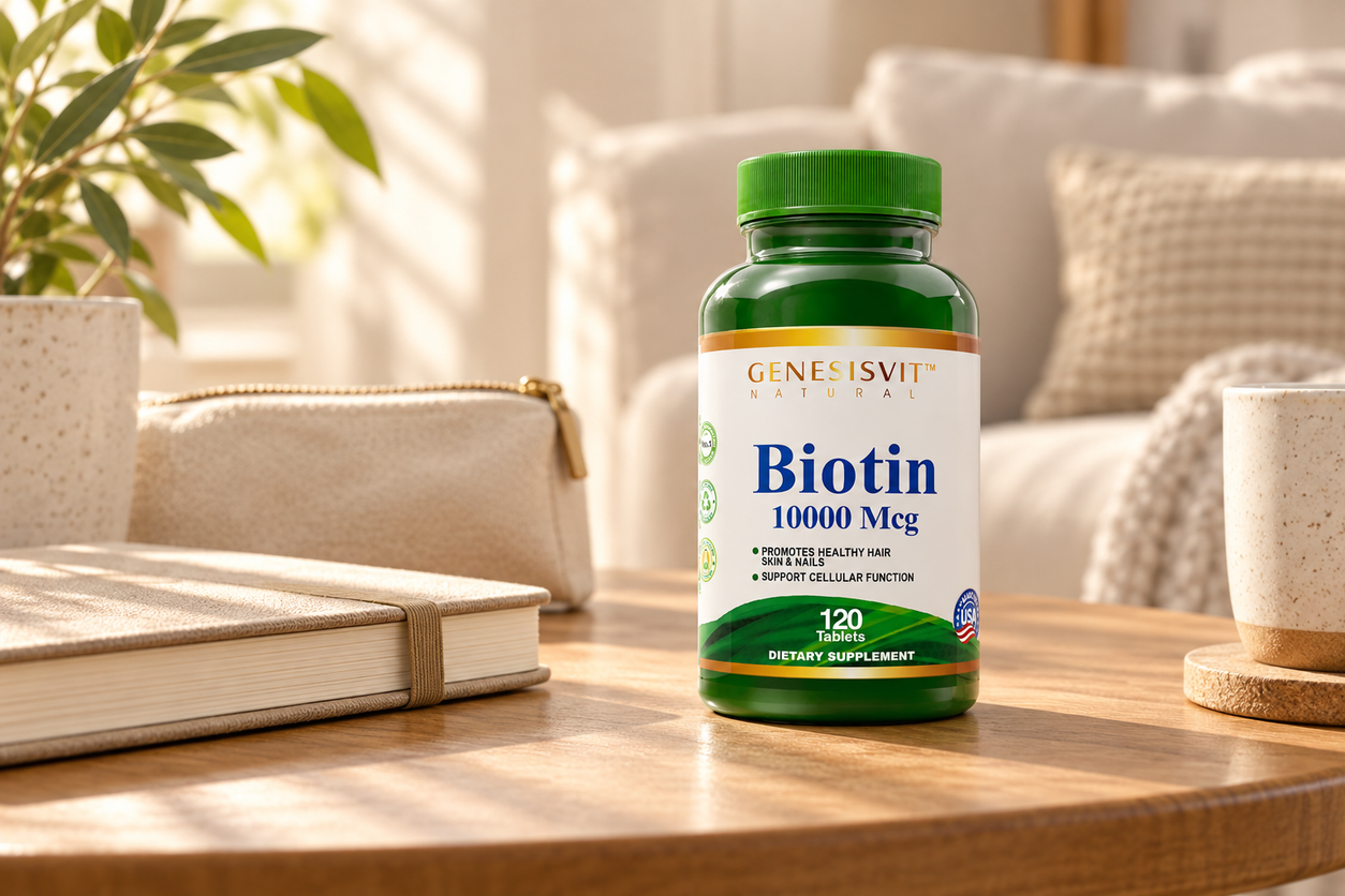 Genesisvit Biotin 10,000 mcg - 120 Tablets in a warm naturally lit setting