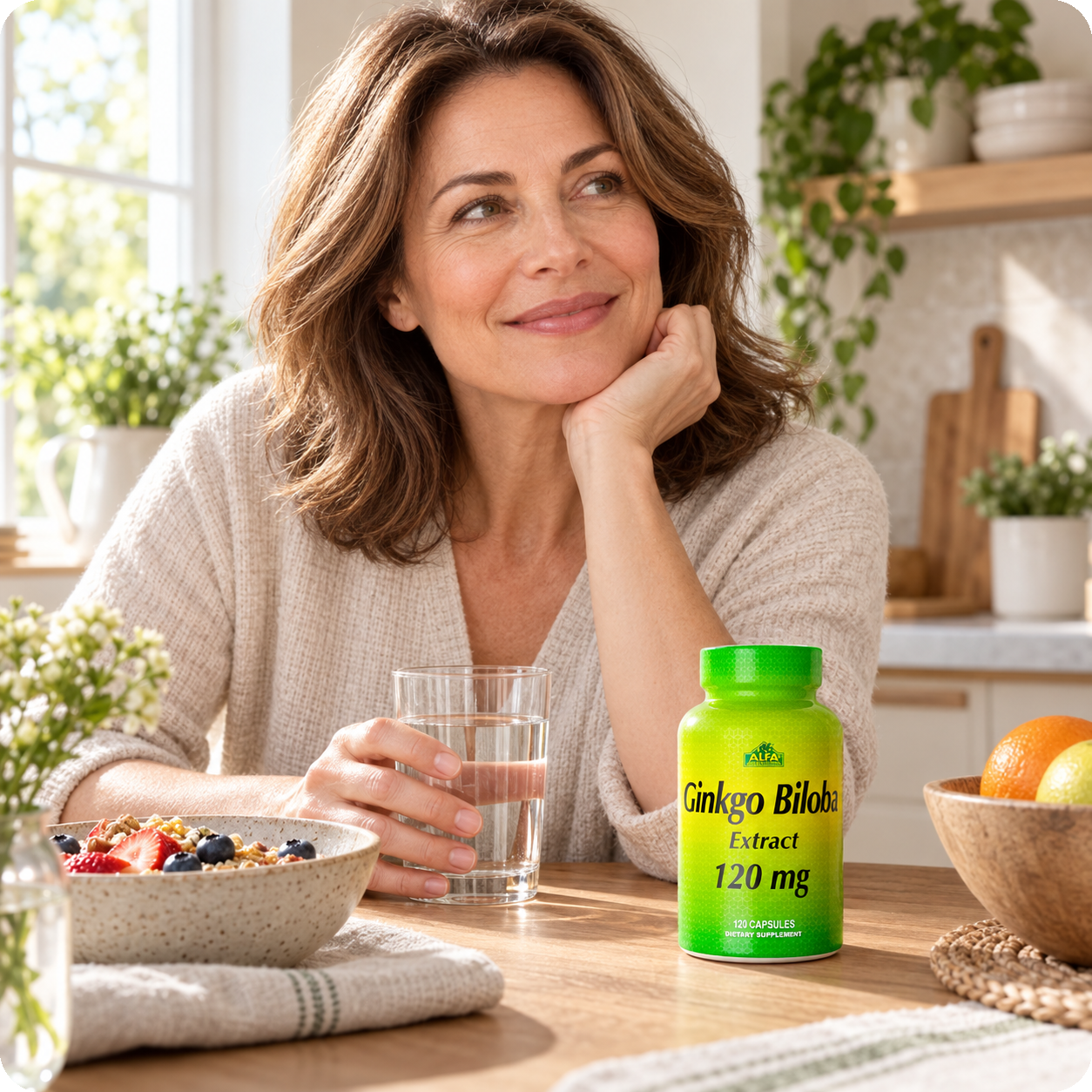 Ginkgo Biloba 120-capsule bottle in a natural morning routine