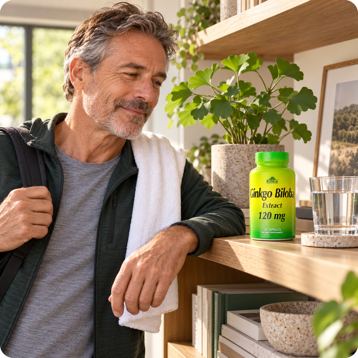 Ginkgo Biloba 120-capsule bottle in an active-day lifestyle scene