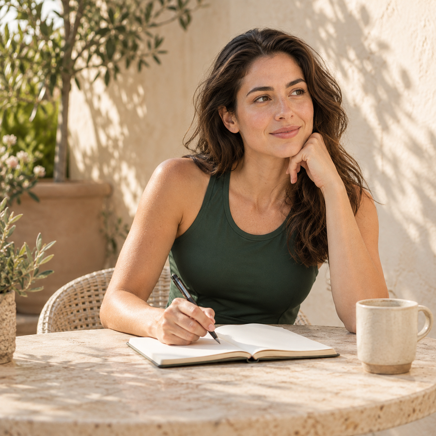 Woman writing in a notebook in warm morning light