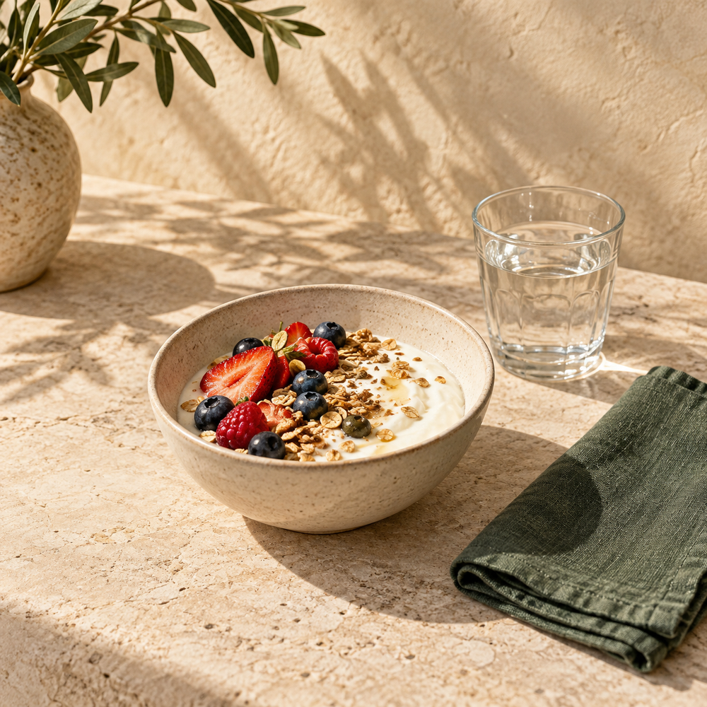 Yogurt with berries and oats beside a glass of water