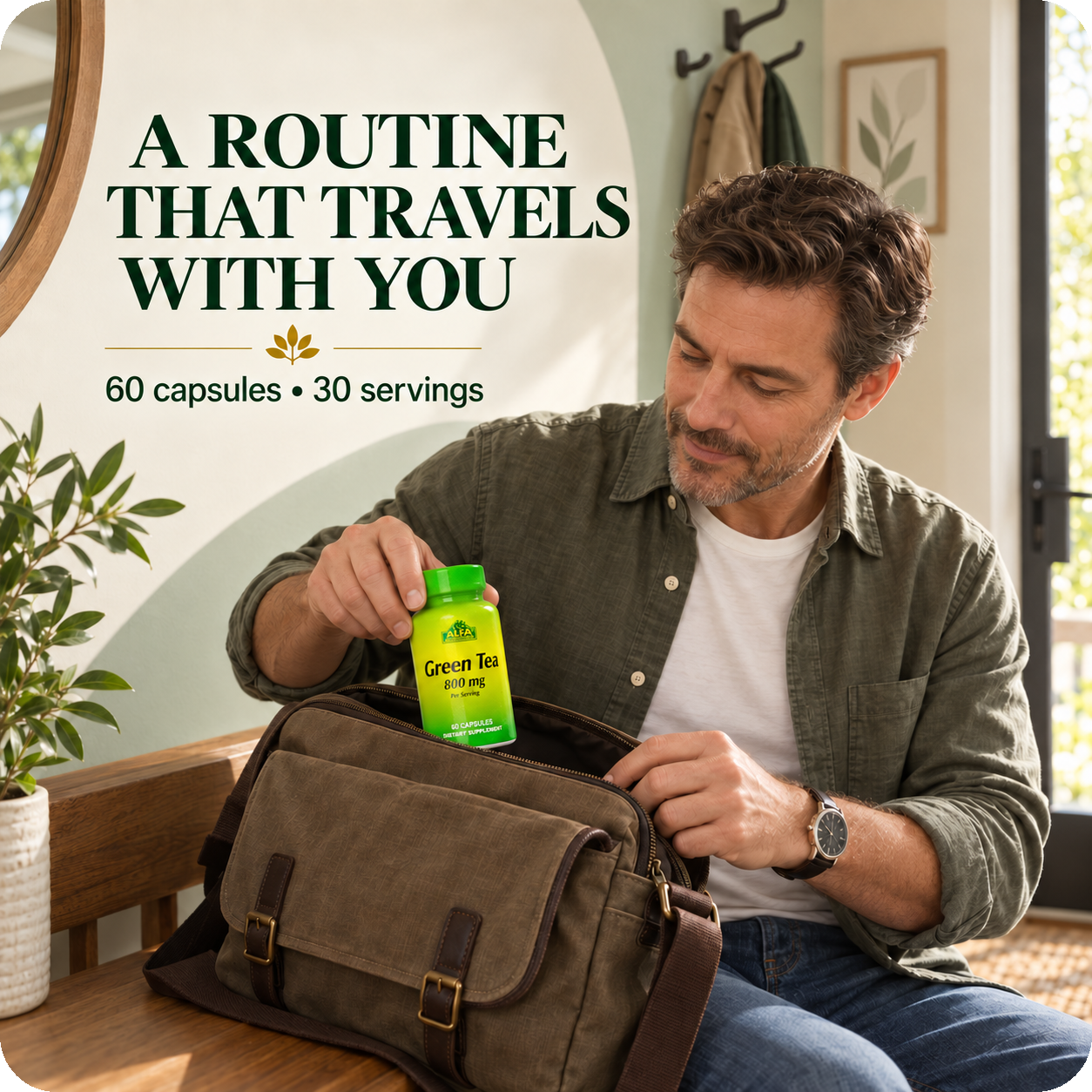 Man placing Alfa Vitamins Green Tea into a travel bag as part of his routine.