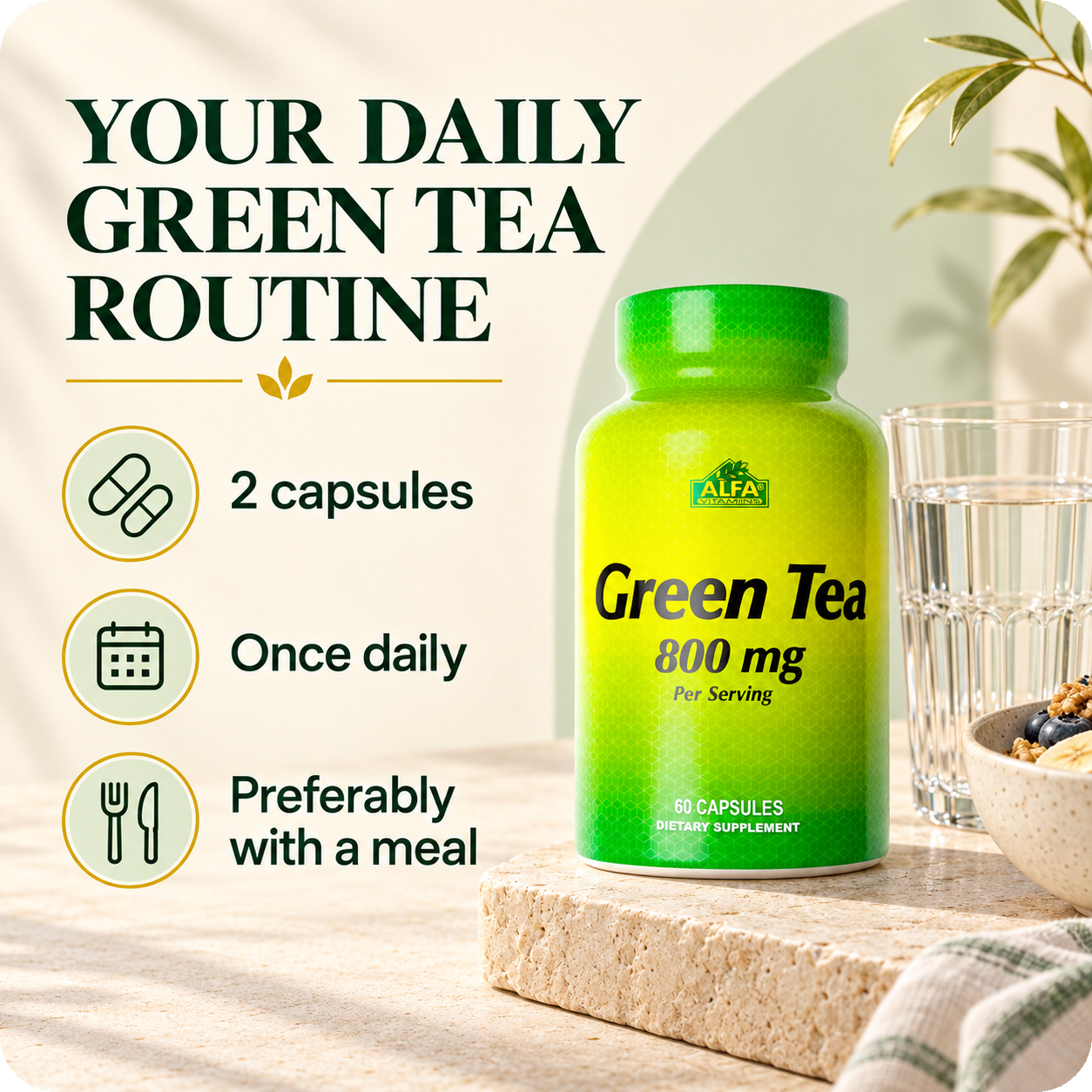 Green Tea directions: two capsules once daily, preferably with a meal.