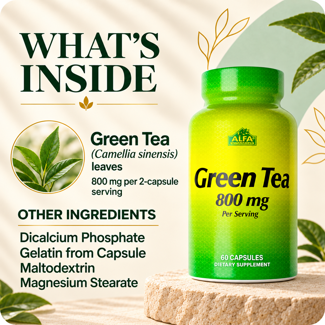 Verified Green Tea label details for 60 capsules and 30 servings.