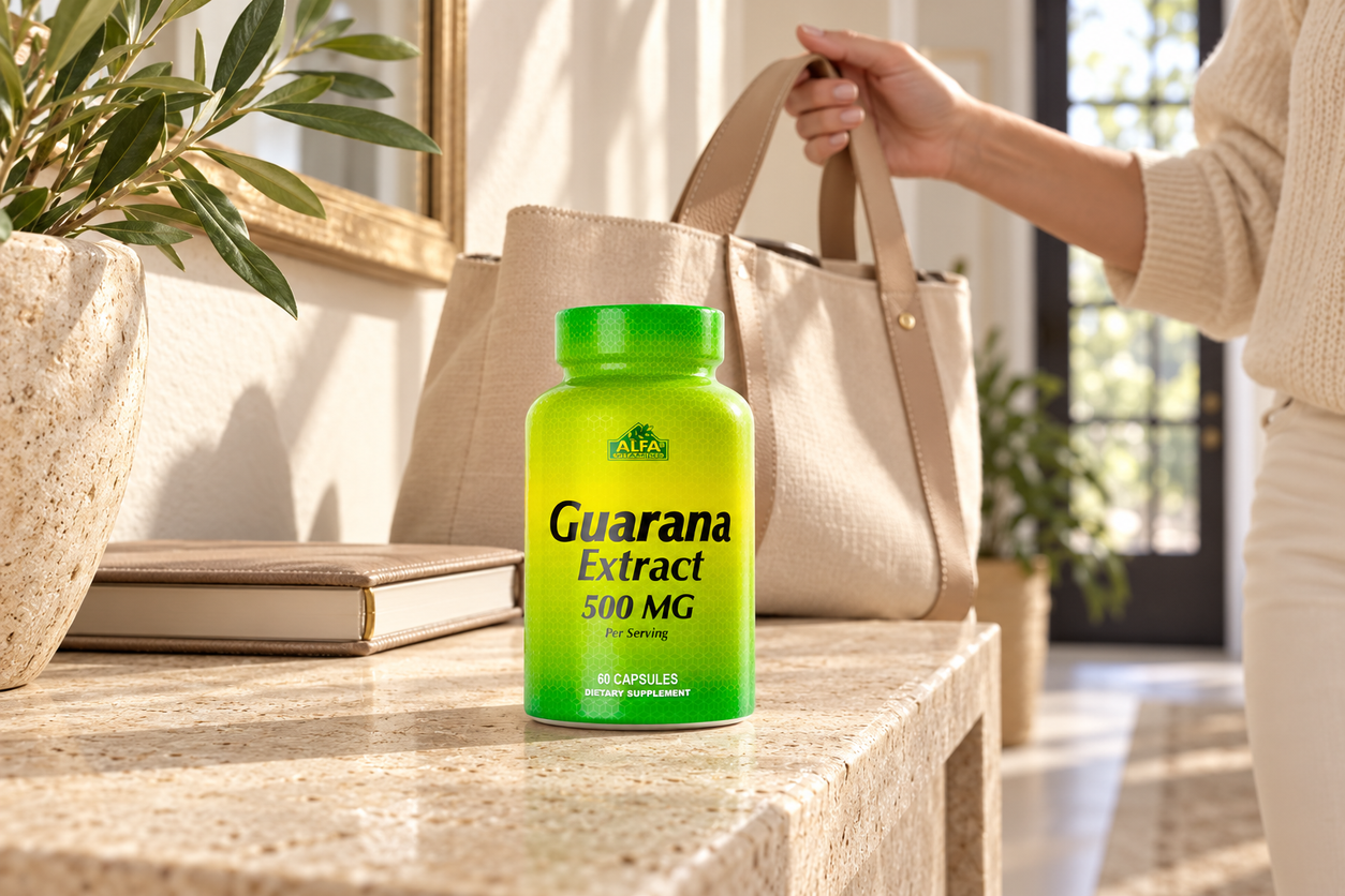 Guarana 60 capsules bottle in a natural everyday setting