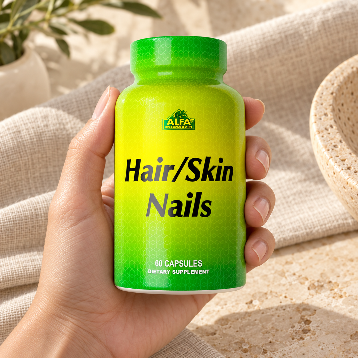 Hair/Skin Nails in a 60-capsule bottle — closed package detail