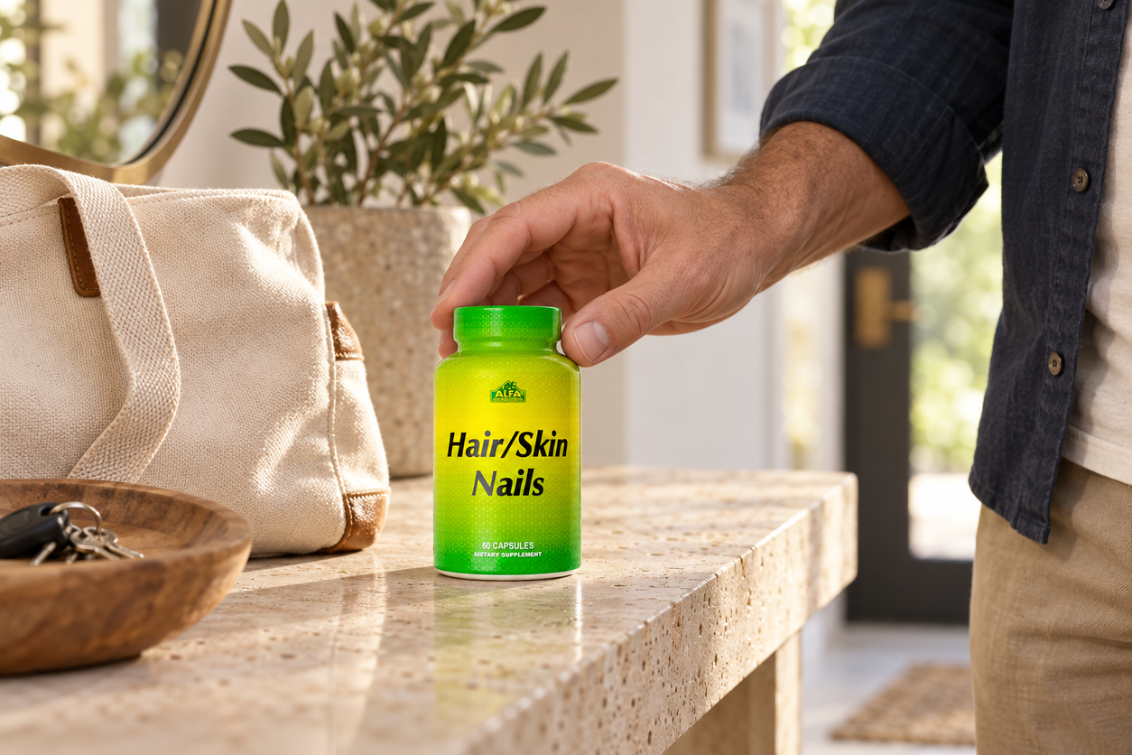 Hair/Skin Nails in a 60-capsule bottle — natural lifestyle photograph