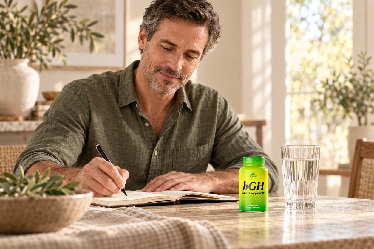 HGH - 60 capsules in a quiet everyday setting; text-free lifestyle photograph
