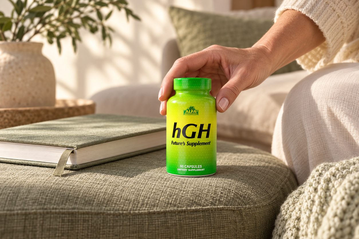 HGH - 60 capsules closed bottle in a distinct everyday hand-interaction scene