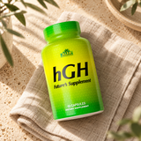 HGH - 60 capsules authentic front packaging and cap detail on warm linen