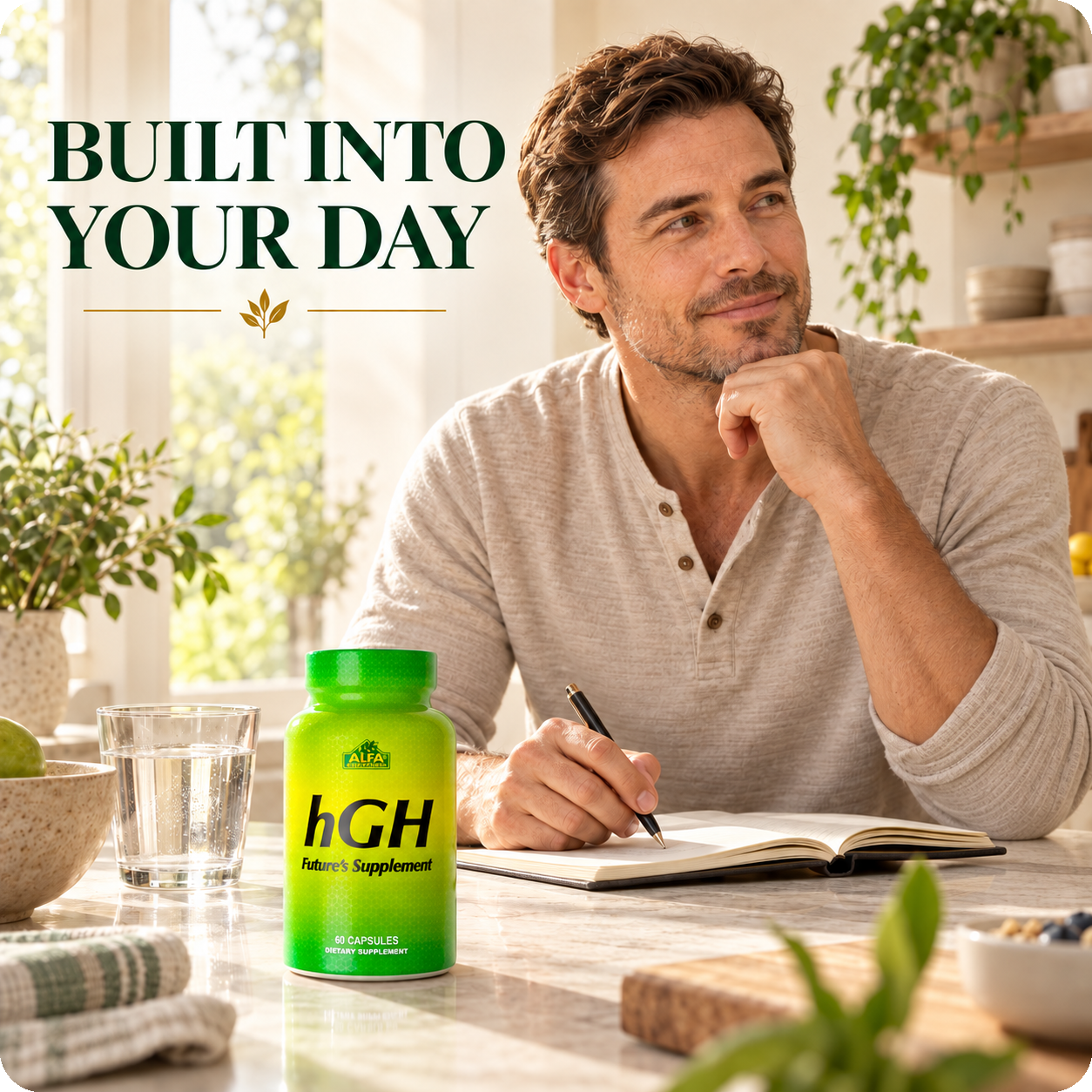 Alfa Vitamins hGH bottle in a natural morning routine setting