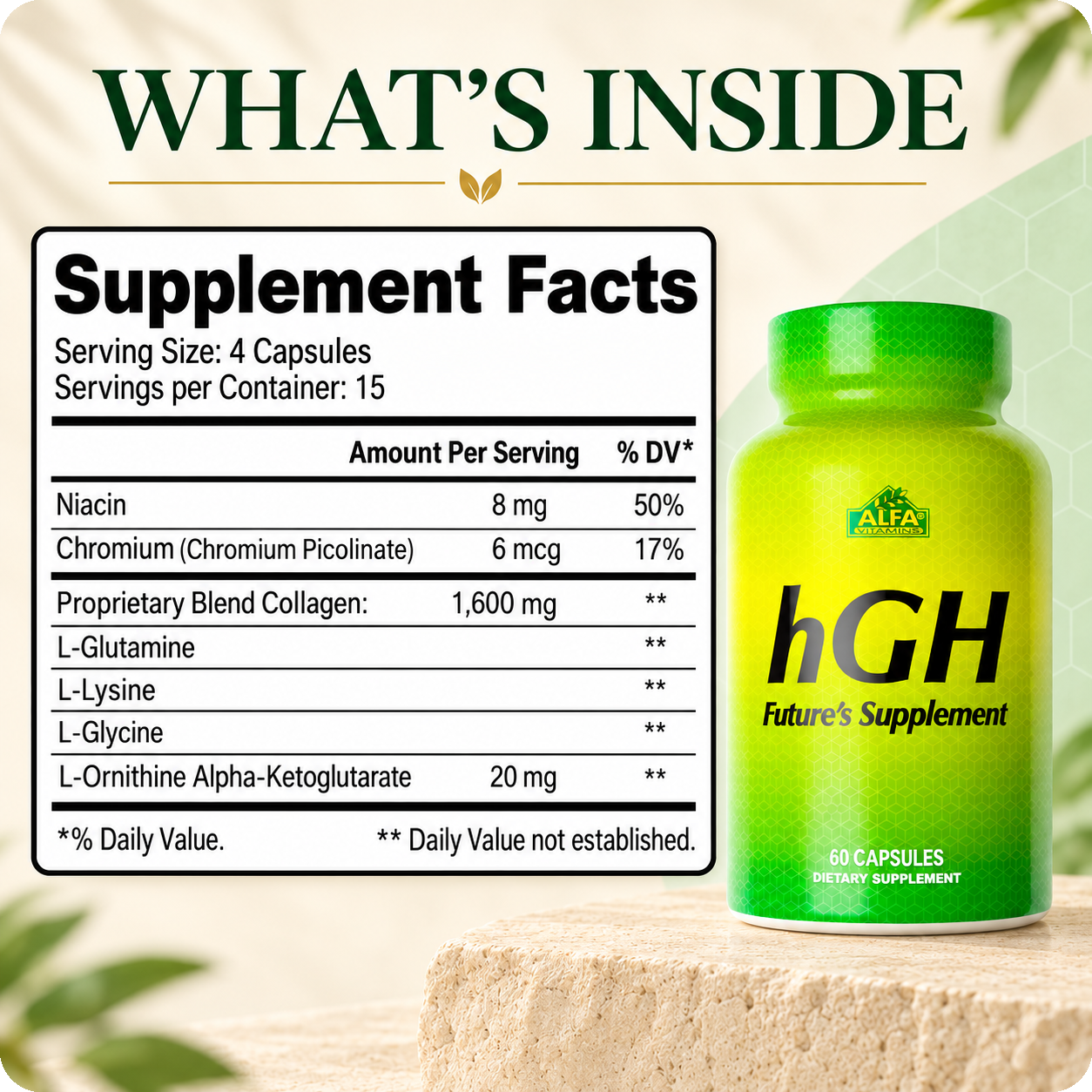 Supplement Facts for Alfa Vitamins hGH, serving size four capsules