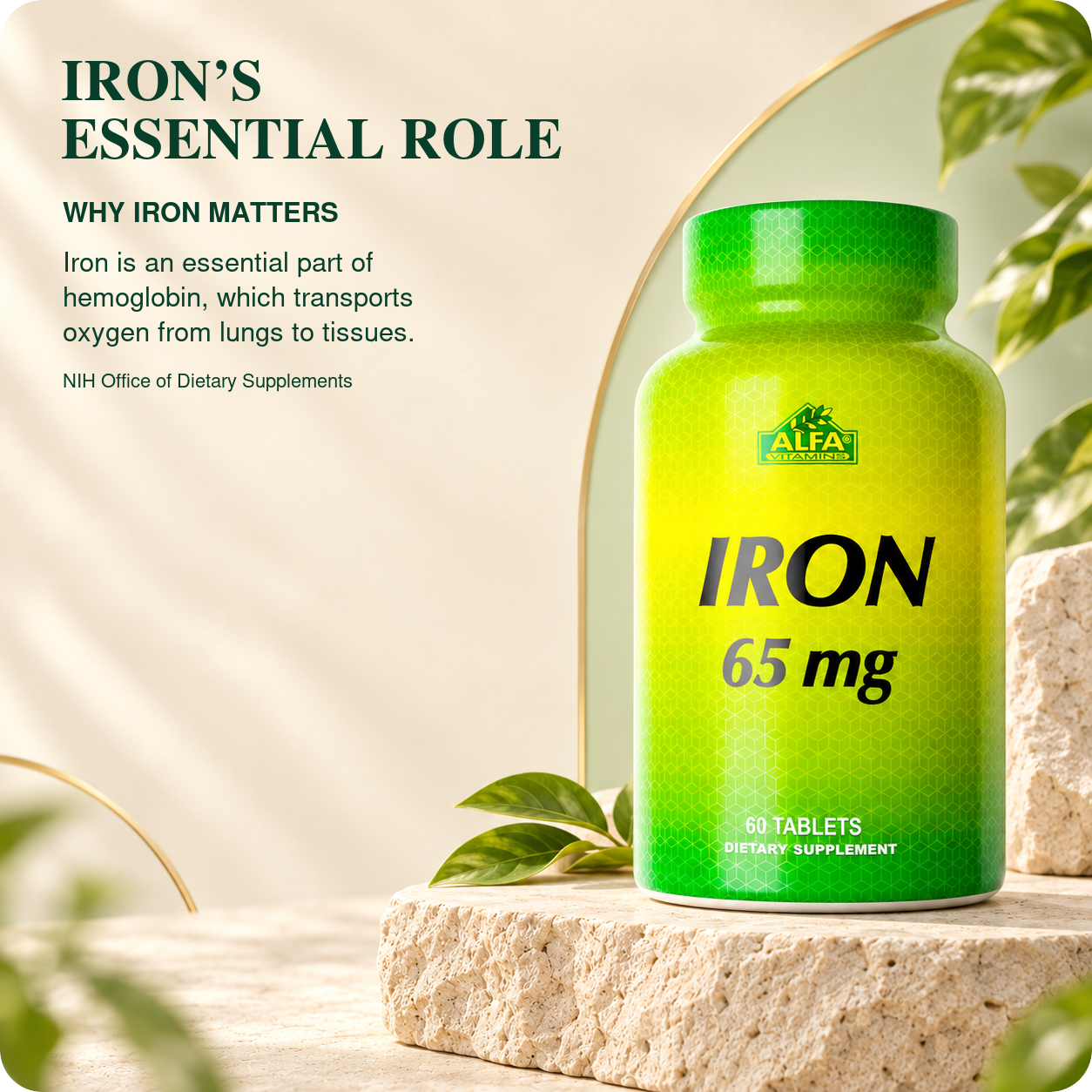 Iron 65 mg — verified 60-tablet product overview.