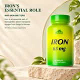 Iron 65 mg — verified 60-tablet product overview.