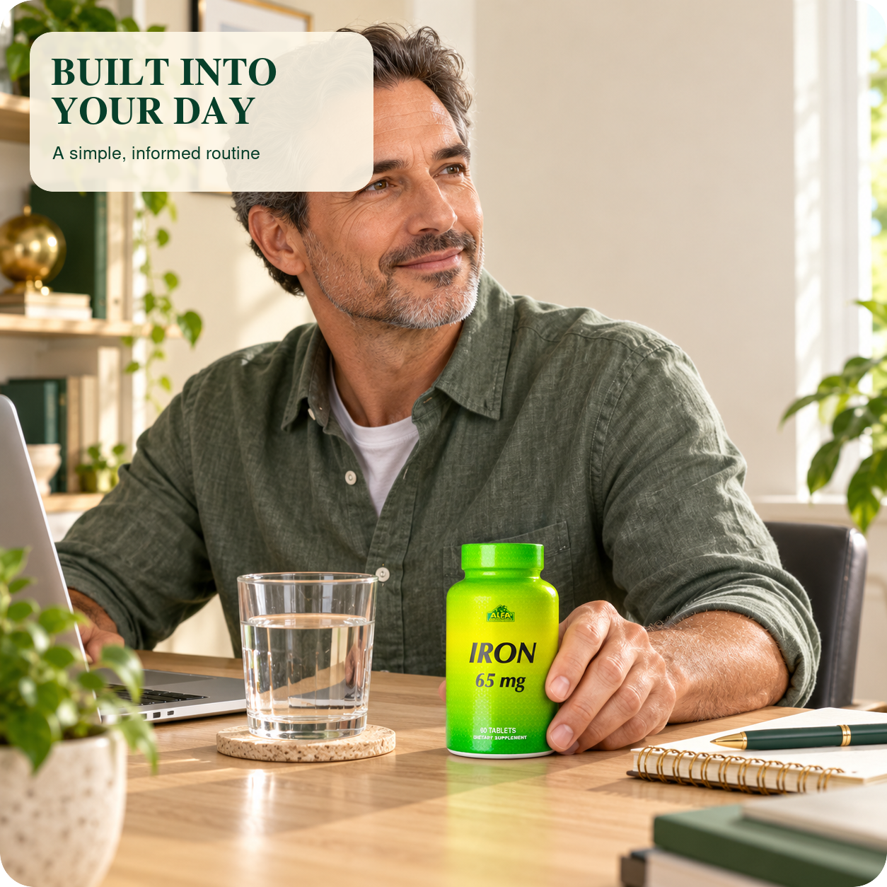 Adult with Alfa Iron during a natural workday routine.