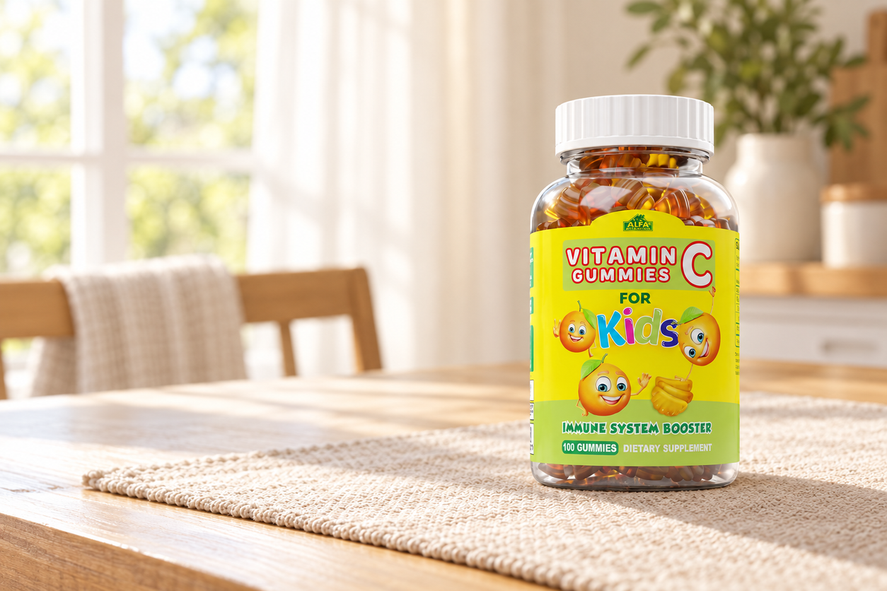 Alfa Vitamins Vitamin C Gummies for Kids,100-gummy bottle, on a sunlit dining table
