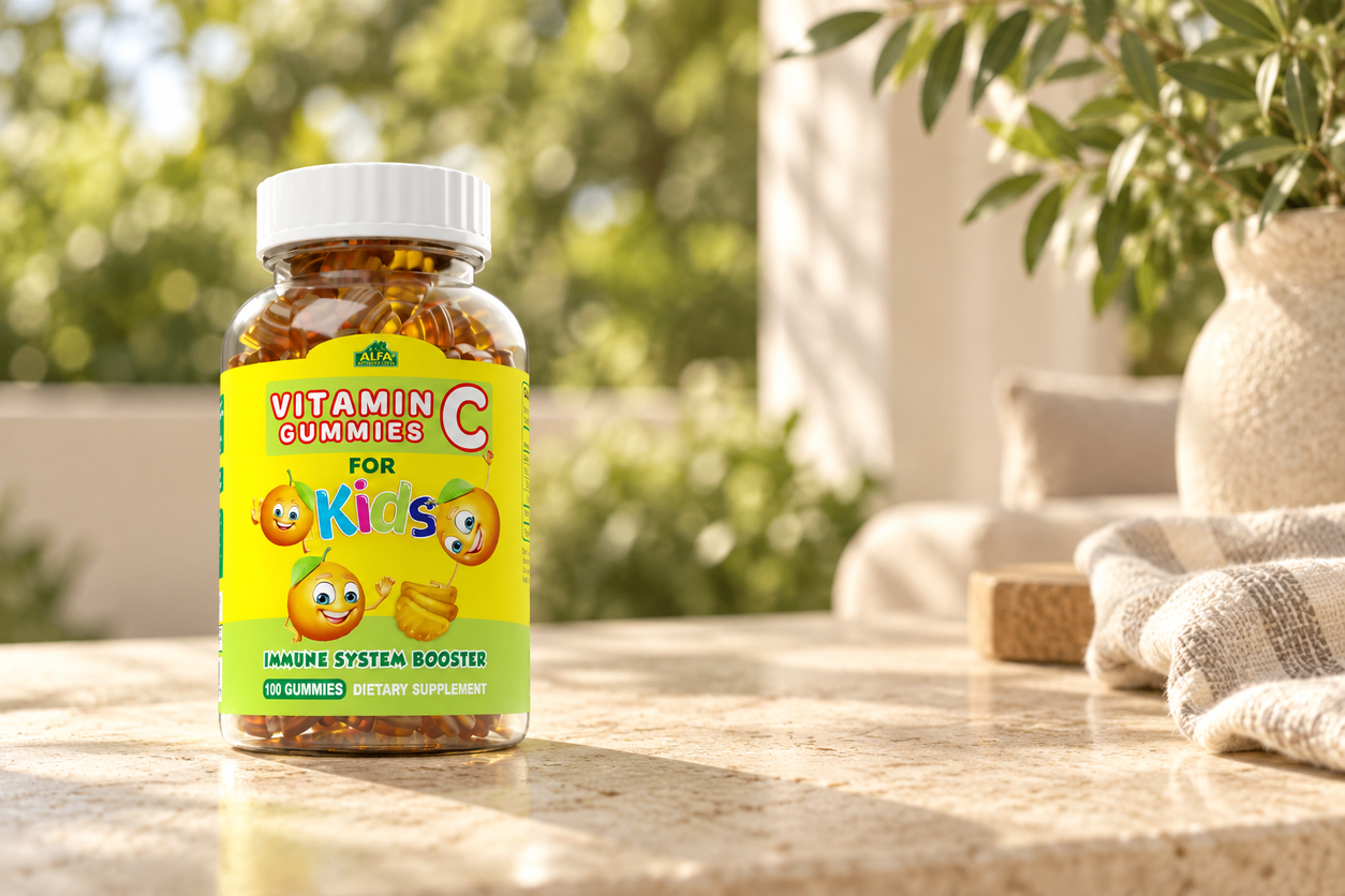 Alfa Vitamins Vitamin C Gummies for Kids,100-gummy bottle, on a warm garden terrace
