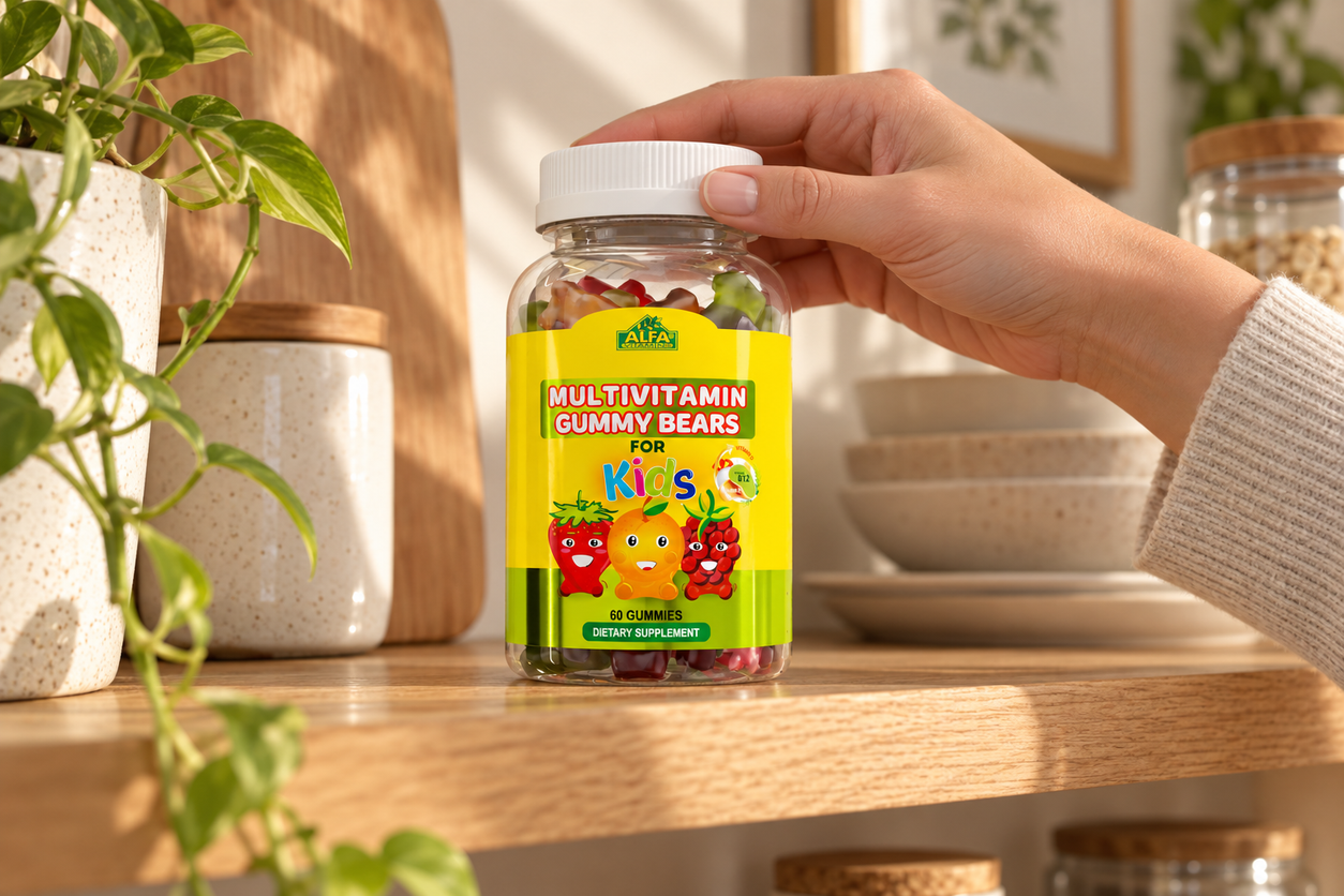 Adult handling the closed Alfa Multivitamin Gummy Bears for Kids bottle on a cupboard shelf.