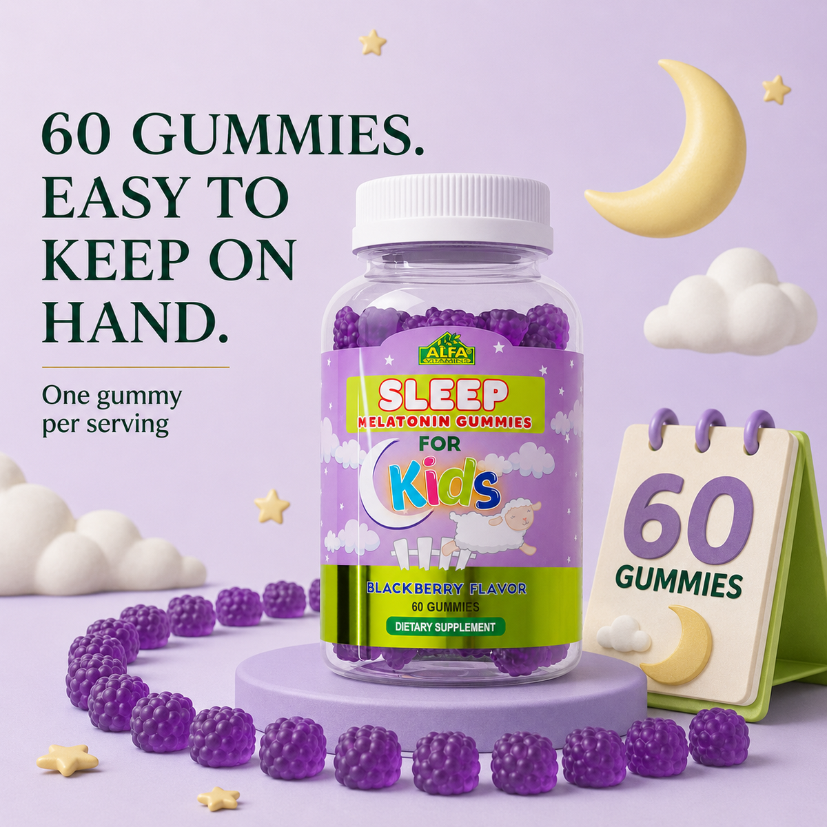 Alfa Kids Melatonin Gummies bottle with 60 blackberry-flavored gummies