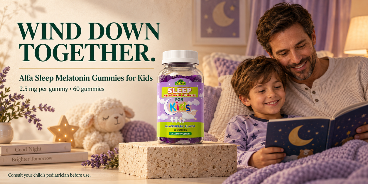 Wind down together. Alfa Sleep Melatonin Gummies for Kids, 2.5 mg per gummy and 60 gummies. Consult your child’s pediatrician before use.