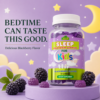 Alfa Kids Melatonin Gummies in delicious blackberry flavor