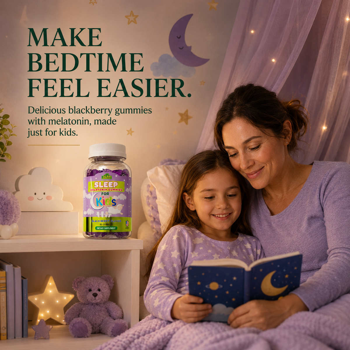 Mother and child enjoying a calmer bedtime routine with Alfa Kids Melatonin Gummies
