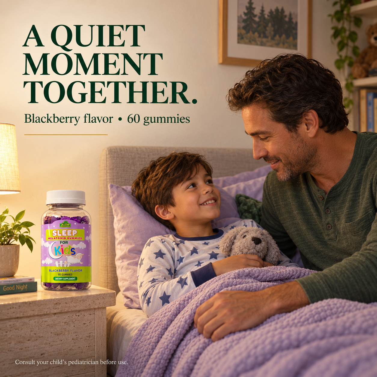 Father and child sharing a quiet bedtime moment beside Alfa Kids Melatonin Gummies, blackberry flavor, 60 gummies. Consult your child’s pediatrician before use.
