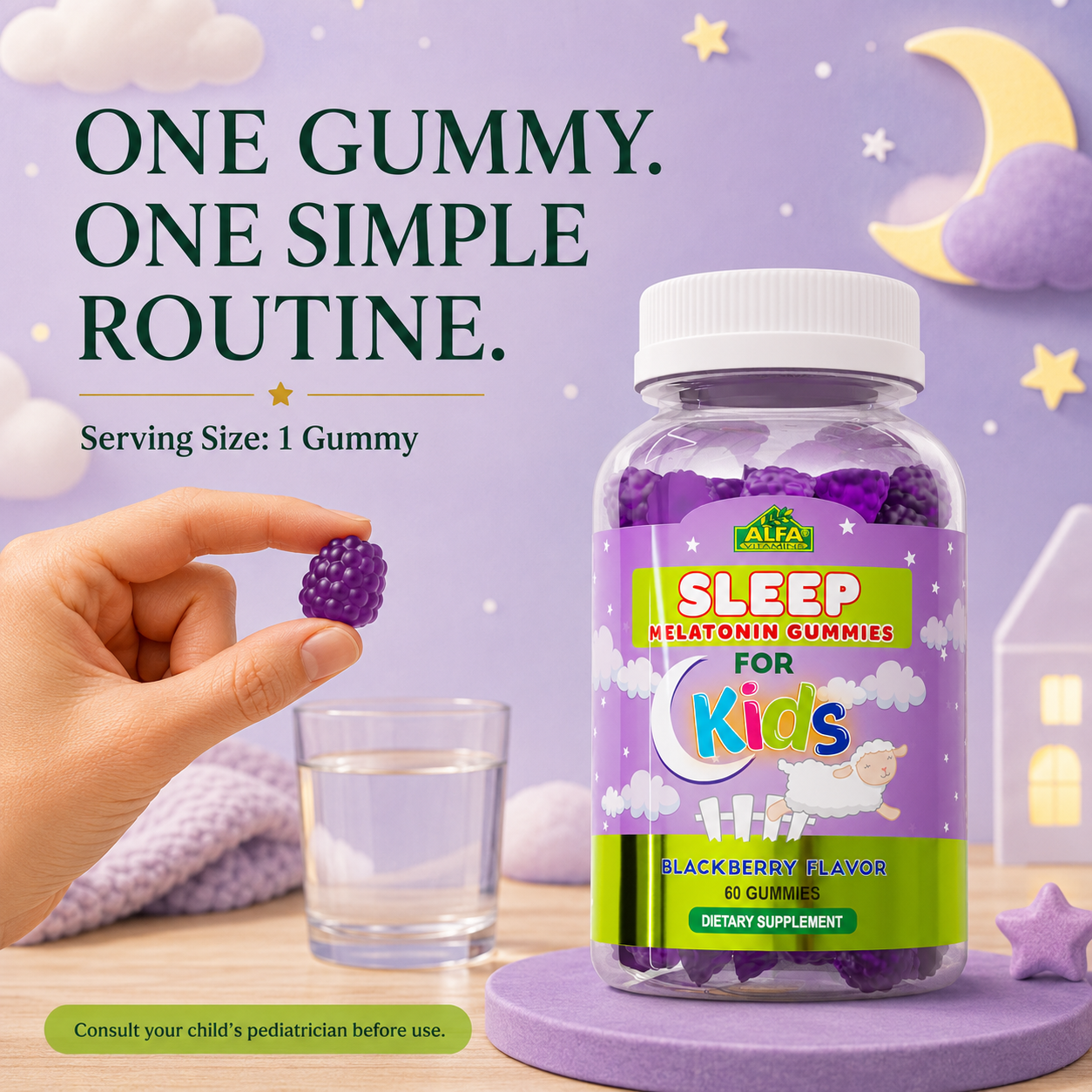 One-gummy serving for Alfa Kids Melatonin Gummies