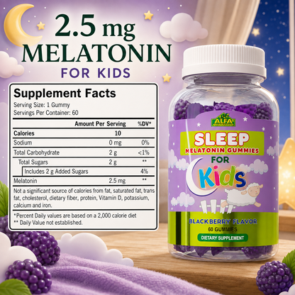 Supplement facts for Alfa Kids Melatonin Gummies, 2.5 mg per gummy