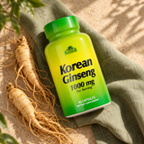 Korean Ginseng bottle and ginseng roots on sage linen and warm limestone