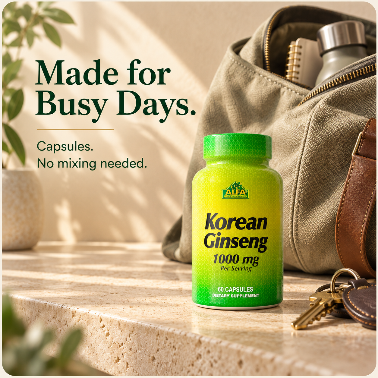 Korean Ginseng beside a canvas bag; made for busy days, capsules with no mixing