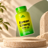 Korean Ginseng bottle in a stylized floating arrangement above warm travertine