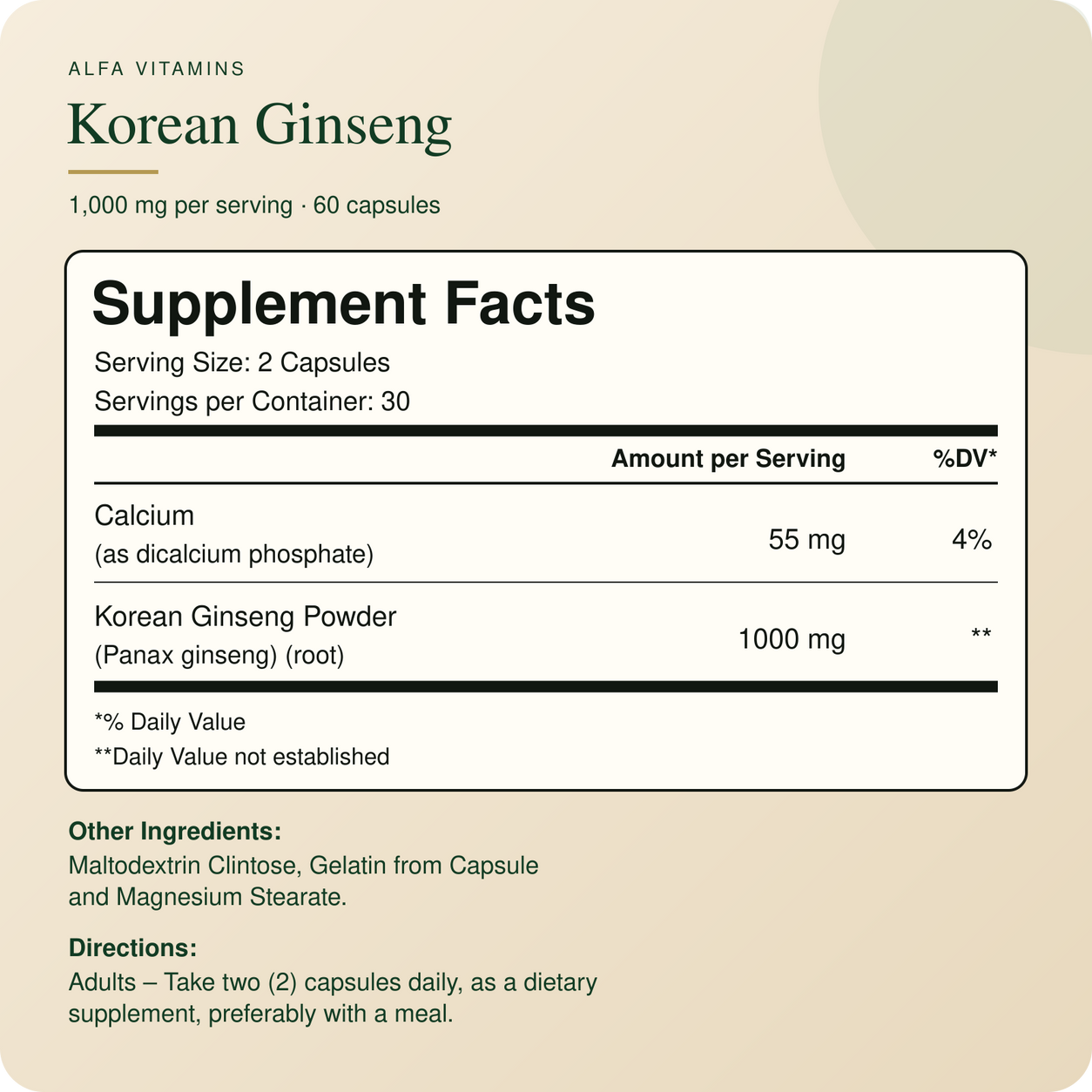 Korean Ginseng Supplement Facts: 1000 mg per two-capsule serving, 30 servings, ingredients and directions