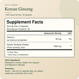Korean Ginseng Supplement Facts: 1000 mg per two-capsule serving, 30 servings, ingredients and directions