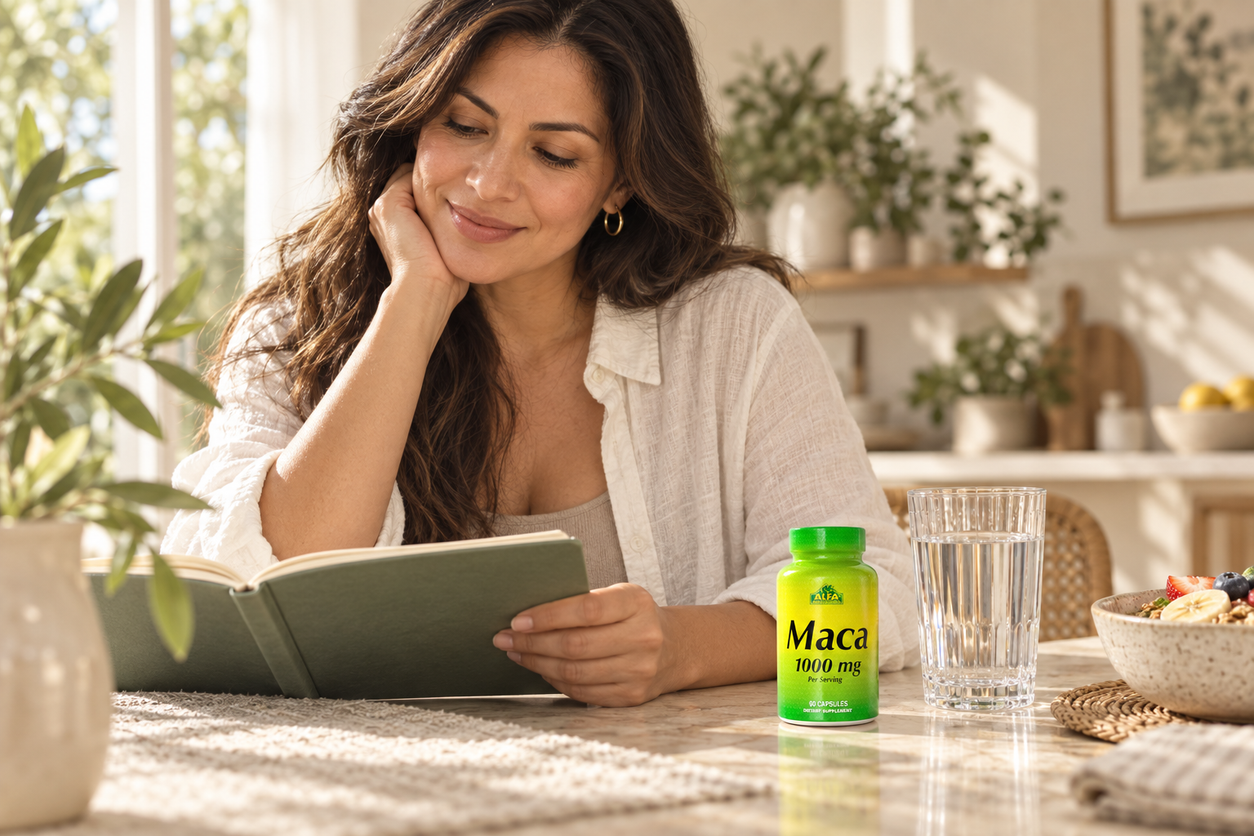 Maca 1000 mg - 60 capsules in a natural everyday lifestyle setting