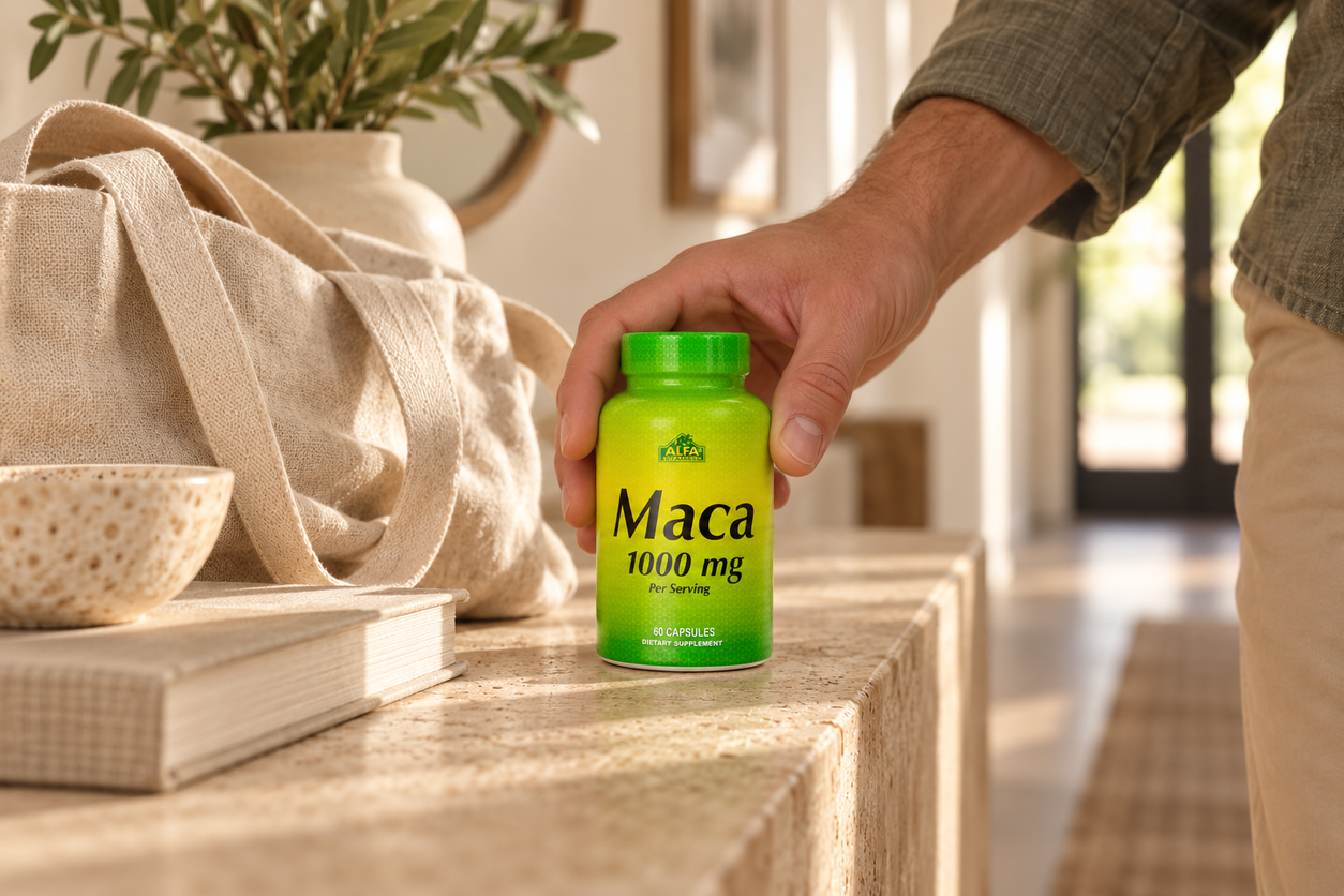 Maca 1000 mg - 60 capsules closed bottle in a distinct everyday hand-interaction scene