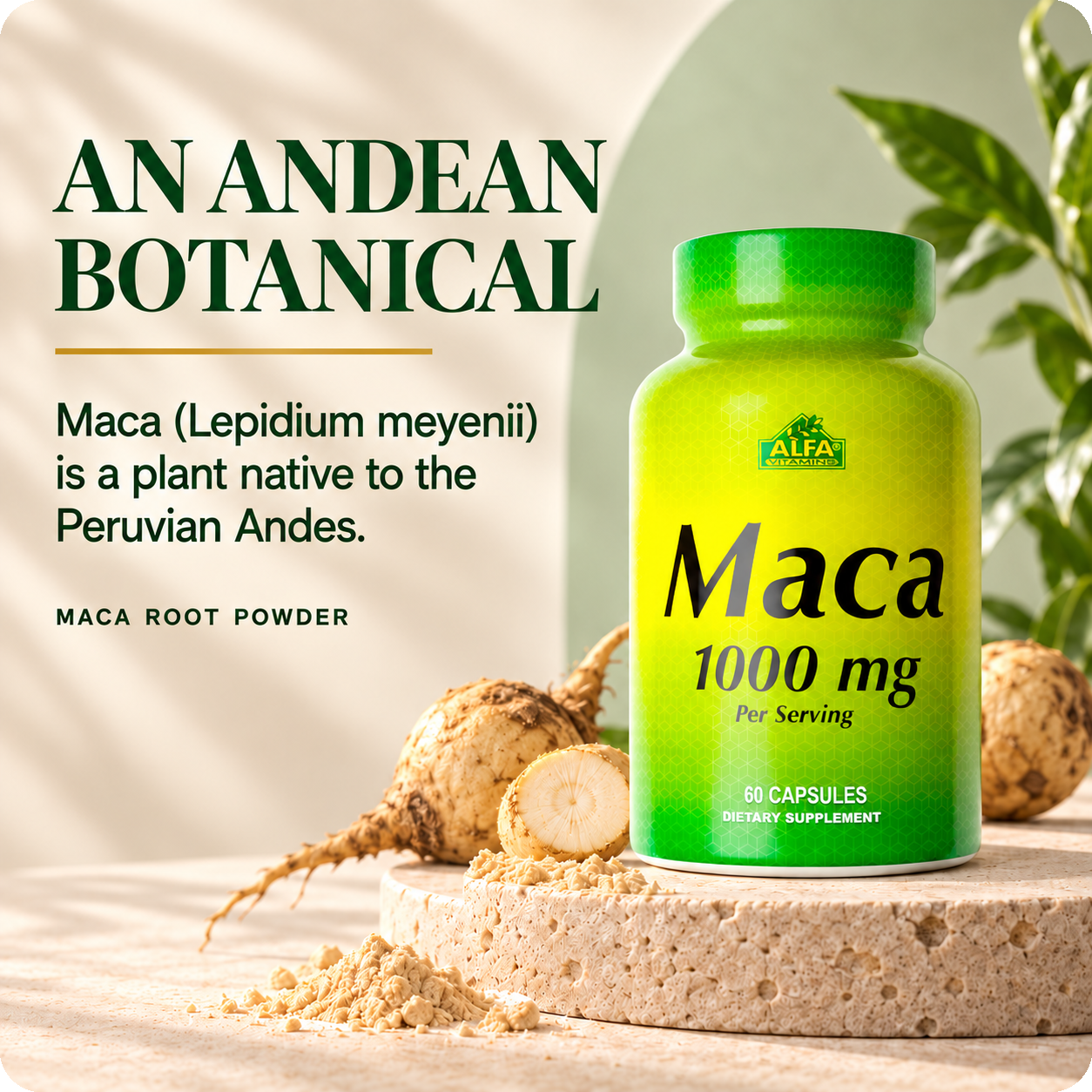 Alfa Vitamins Maca 1000 mg botanical overview