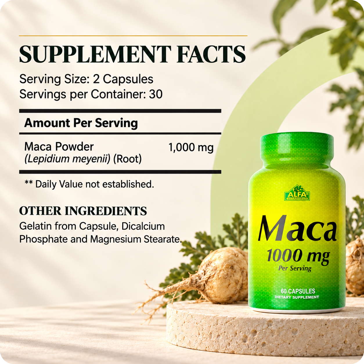 Maca Supplement Facts, serving size and other ingredients