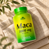 Maca 1000 mg - 60 capsules authentic front packaging and cap detail on warm linen
