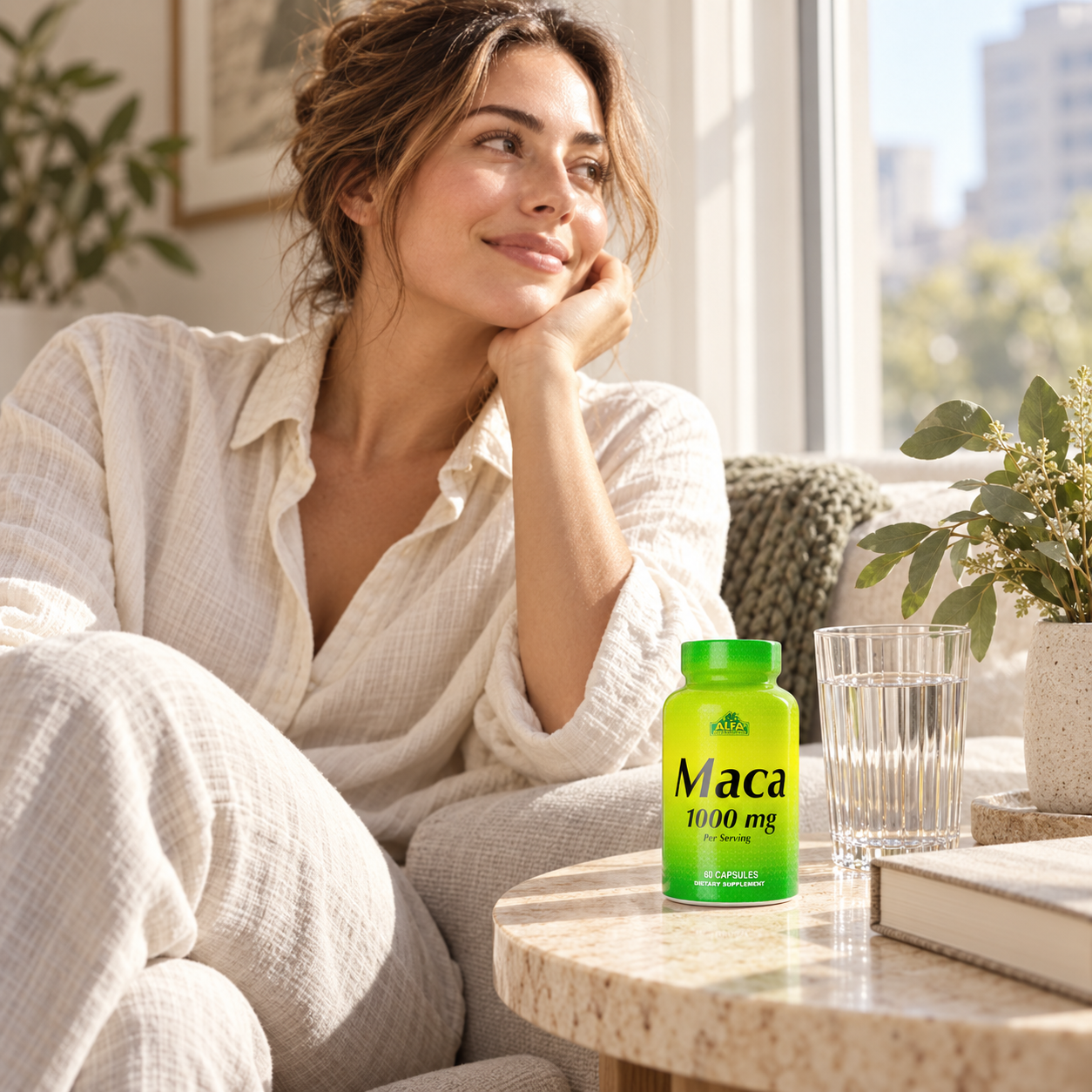 Maca 1000 mg - 60 capsules in a quiet everyday setting; text-free lifestyle photograph