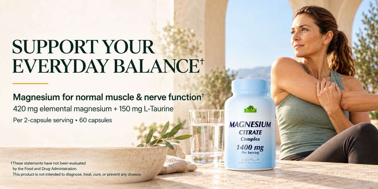 Alfa Vitamins Magnesium Citrate Complex alongside an adult woman stretching on a sunlit terrace.