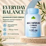 Alfa Vitamins Magnesium Citrate Complex supports normal muscle and nerve function; 420 mg elemental magnesium and 150 mg L-Taurine per two-capsule serving.