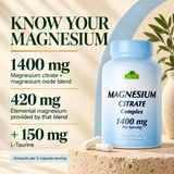 Magnesium Citrate Complex formula: 1400 mg magnesium citrate and magnesium oxide blend provides 420 mg elemental magnesium, plus 150 mg L-Taurine per two capsules.